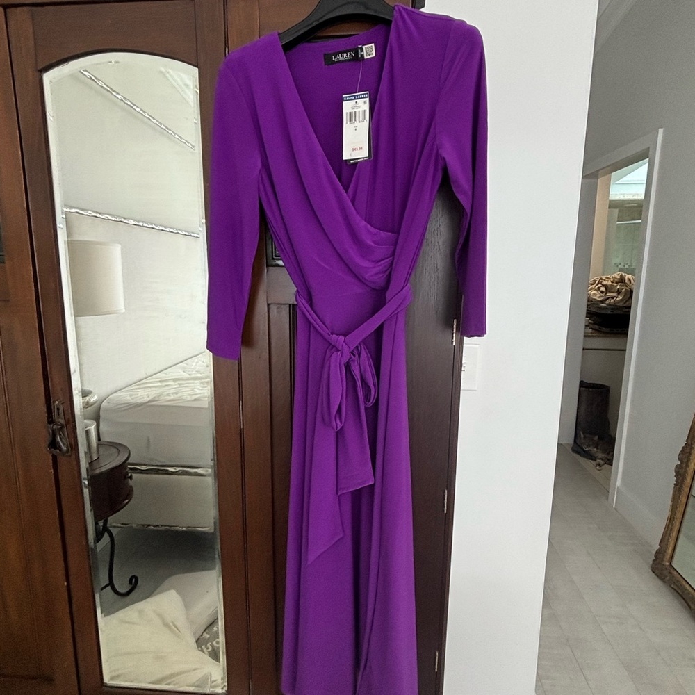 Ralph Lauren Purple 3/4 Sleeve Plunge midi wrap dress